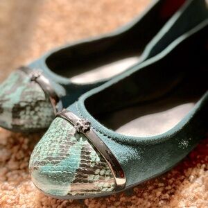 Tory Burch Suede Pacey Ballet Flat | Green | Cap-Toe In Snake-print Leather | 7M